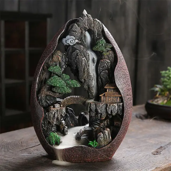 Backflow Incense Holder with Aromatherapeutic Incense Cones – Landscape Waterfall Design