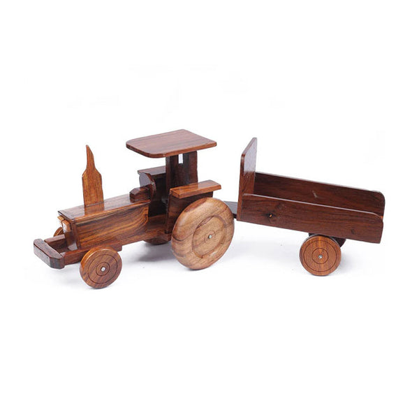 Hand Carved Wooden Tractor Trolley Accent