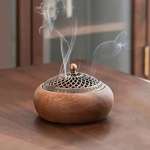 Wood Incense Burner with Metal Cover and Incense Holder - 10 Pairs of Scented Incense Coils Included