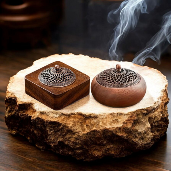 Wood Incense Burner with Metal Cover and Incense Holder - 10 Pairs of Scented Incense Coils Included